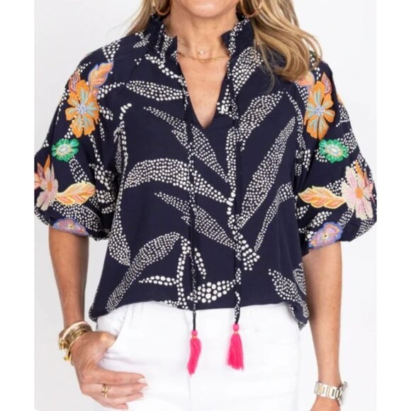 THML Womens Navy Floral & Dot Print Rayon Peasant Blouse With Tassel Tie Neck - Picture 1 of 13